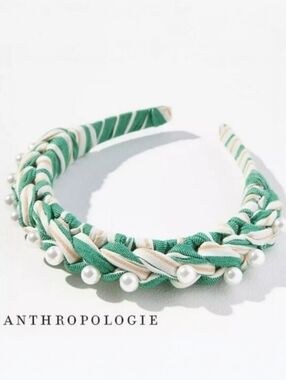 Anthropologie Braided Pear Soft Green & White Boho  Beachy Headband - NEW